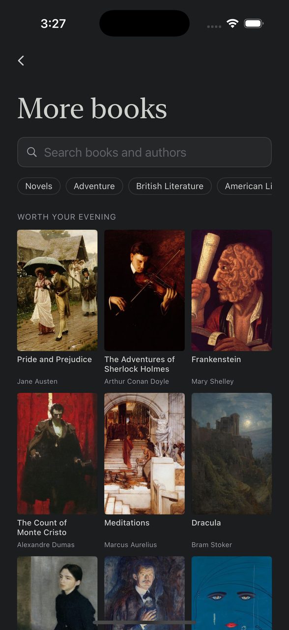 The free library inside the app, showing book covers