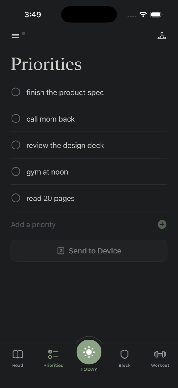 Priorities tab with Send to Device