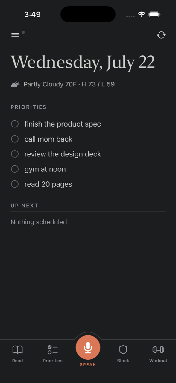 Today tab: date, weather, priorities